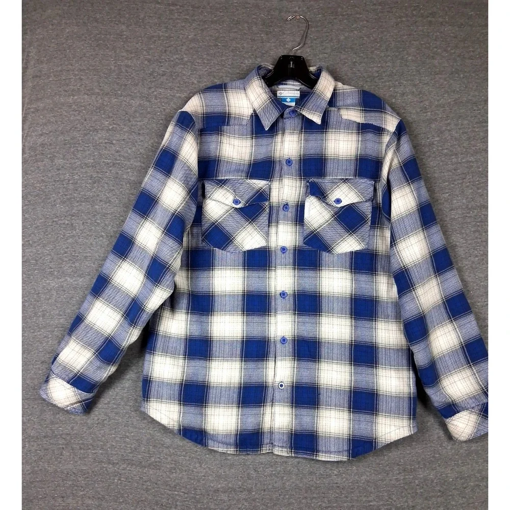 Columbia Mens Jacket S Blue Plaid Flannel Fleece Lined Shacket Gorp Fall Hiking
